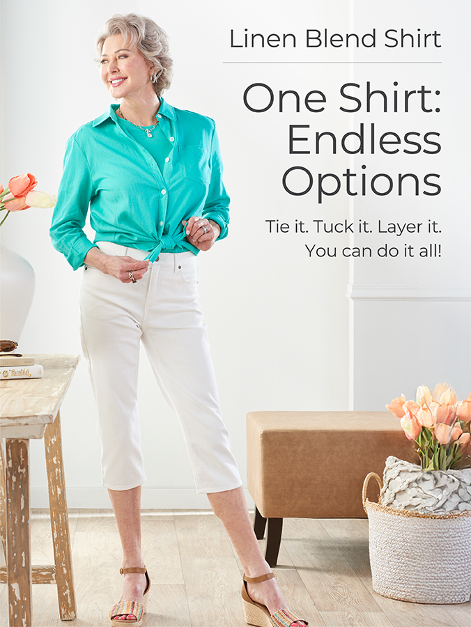 Linen Blend Shirt: One Shirt: Endless Options: Tie it. Tuck it. Layer it. You can do it all!