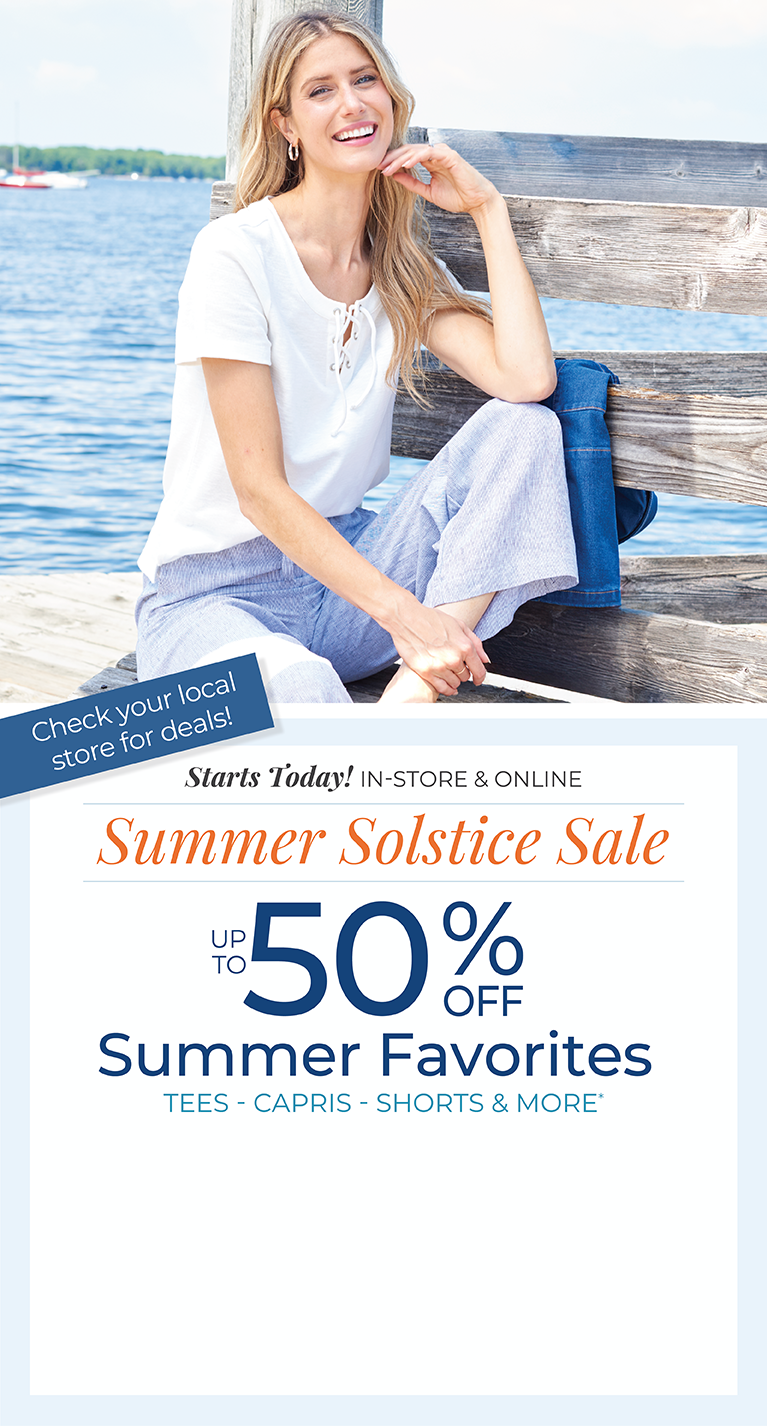 Starts Today! In-Store & Online: Summer Solstice Sale - Up to 50% Off Summer Favorites: Tees, Capris, Shorts & More *exclusions apply. Check your local store for deals! Featuring a white laced tie neck top and pinstripe linen blend pant.