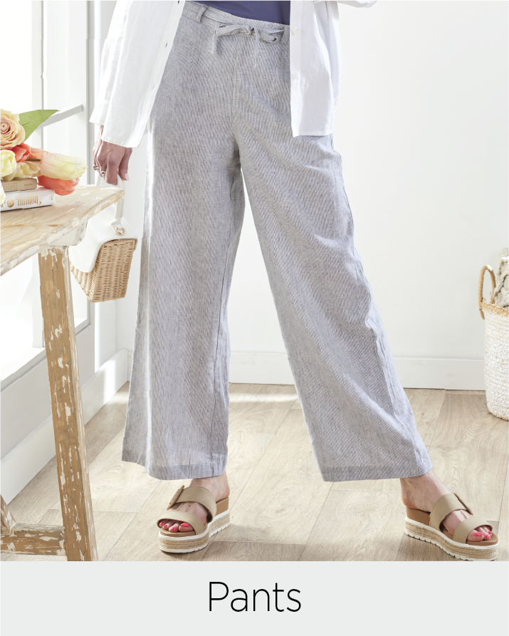 Explore our pants! Featuring a pinstripe linen blend pant.