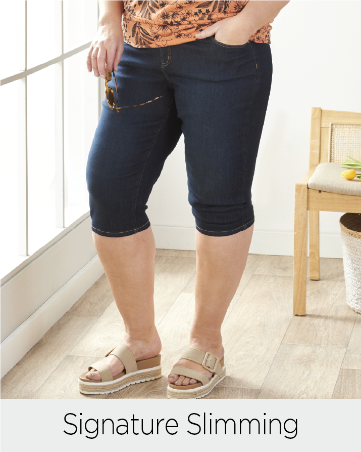 Explore our signature slimming collection! Featuring a dark stonewash skimmer.