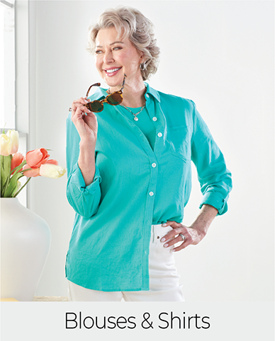 Explore our blouses & shirts! Featuring a pool green linen blend shirt.