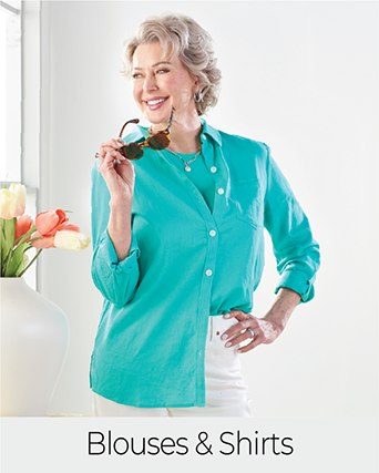 Explore our blouses & shirts! Featuring a pool green linen blend shirt.