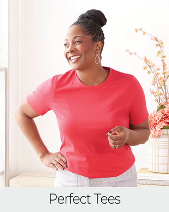 Explore our perfect tees! Featuring a red crew neck tee.