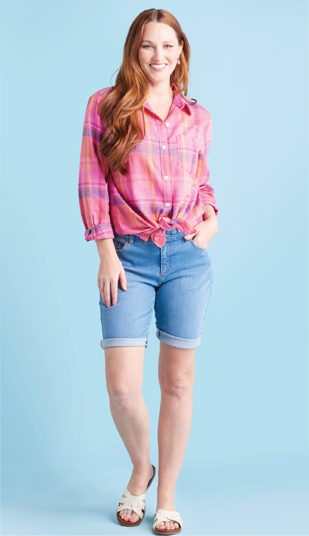 Featuring a light stonewash bermuda and plaid linen blend shirt.