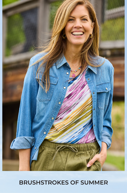 Brushstrokes of Summer: Featuring an embellished stripe tee, blue chambray shirt, and green drawstring ankle pant.