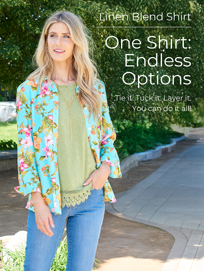Linen Blend Shirt: One Shirt Endless Options: Tie it. Tuck it. Layer it. You can do it all!