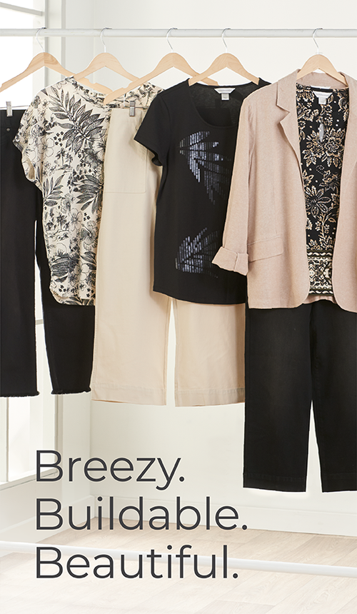Explore our beautiful tops! Featuring a beige lightweight blazer, black border print top, black sequined tee, and white tropical top!