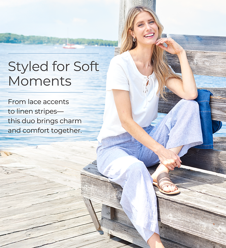 Styled for Soft Moments: From lace accents to linen stripes—this duo brings charm and comfort together. Featuring a white lace up tie neck top and pinstripe linen blend pant!