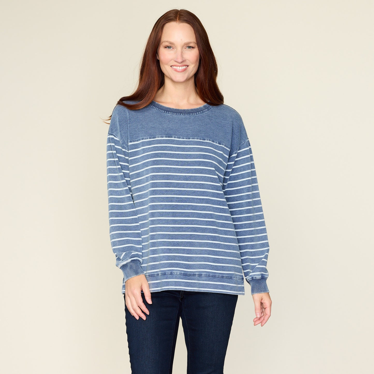 Relaxed Restyled Stripe Knit Denim Sweatshirt