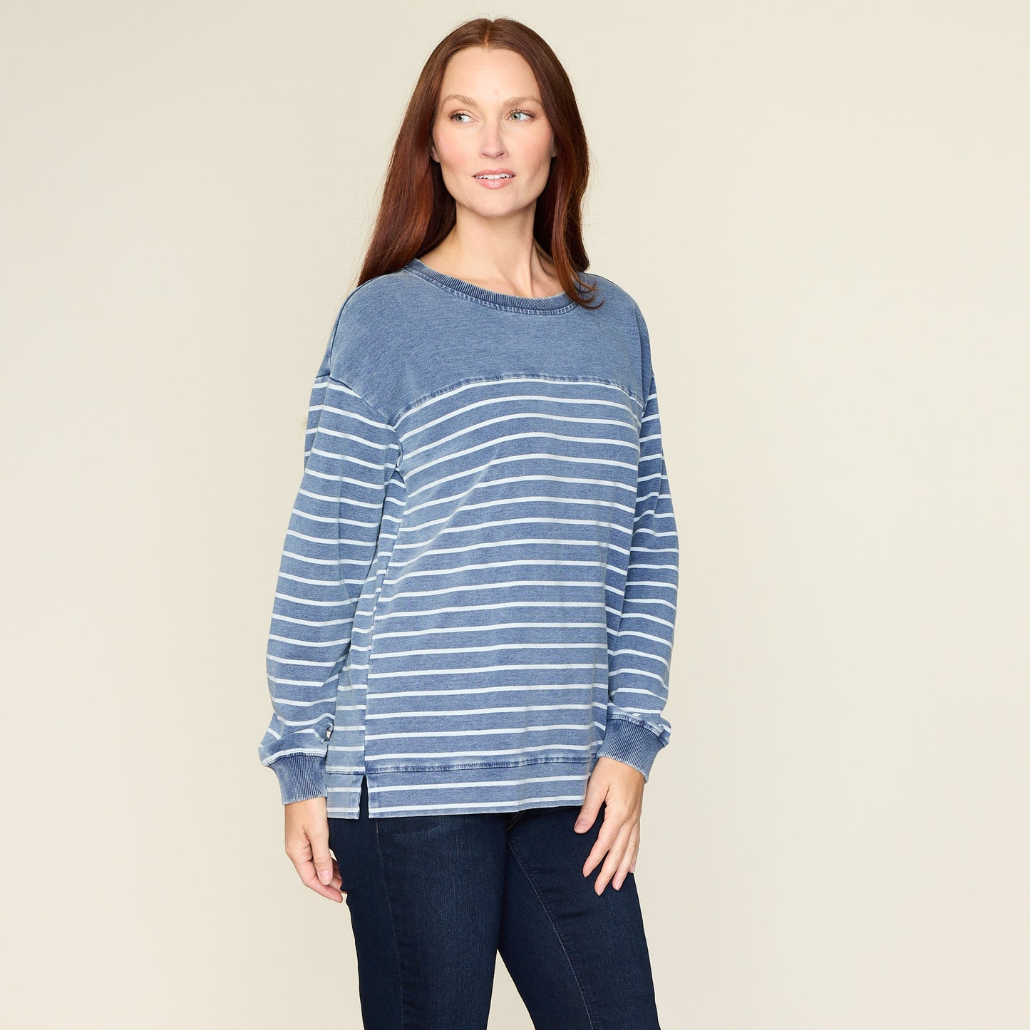 Relaxed Restyled Stripe Knit Denim Sweatshirt