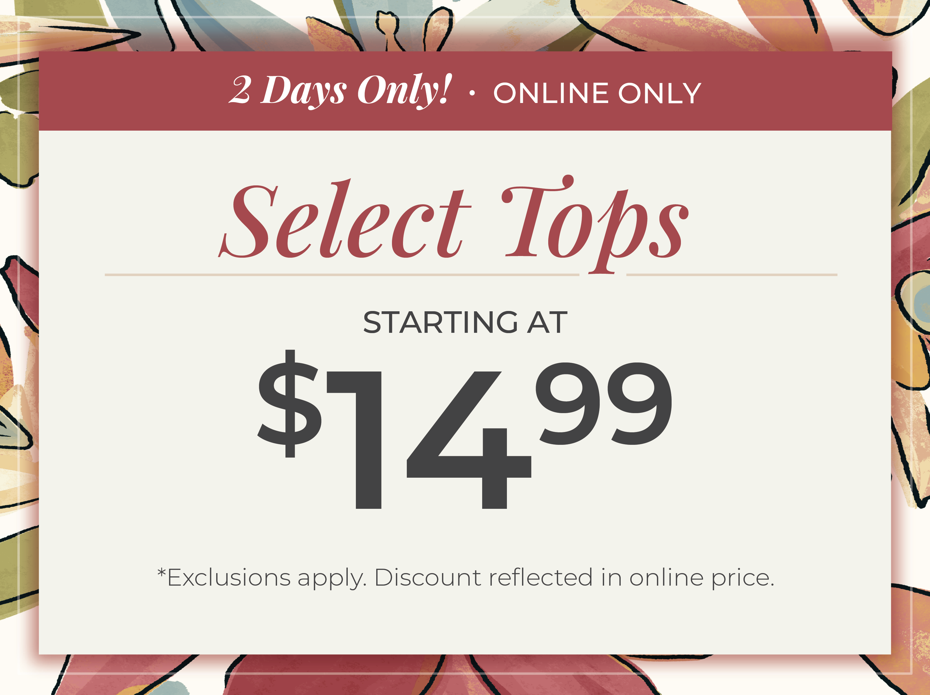 2 Days Only​! Online Only: Select Tops Starting at $14.99​*exclusions apply