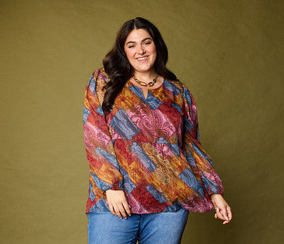 Explore our blouses & shirts! Featuring a patchwork print peplum blouse.