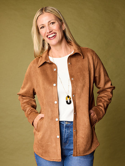 Explore our jackets! Featuring a brown faux suede shacket.