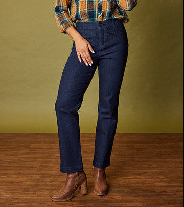 Explore our bottoms! Featuring a dark blue tapered leg jean.