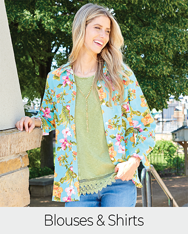 Explore our blouses and shirts! Featuring a blue button front shirt.