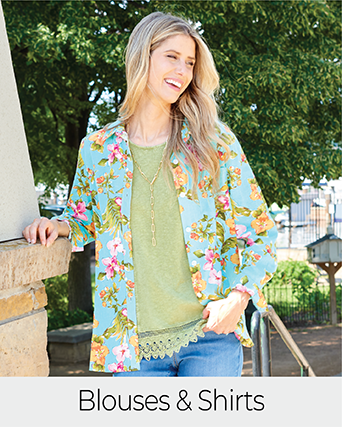Explore our blouses and shirts! Featuring a blue button front shirt.