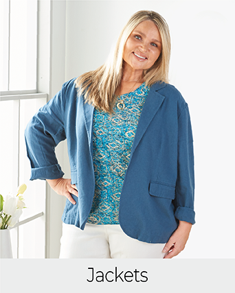 Explore our jackets! Featuring a blue relaxed fit blazer.