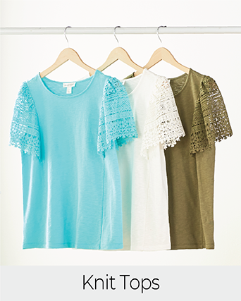 Explore our knit tops! Featuring blue, white, and green lace flutter sleeve tops.