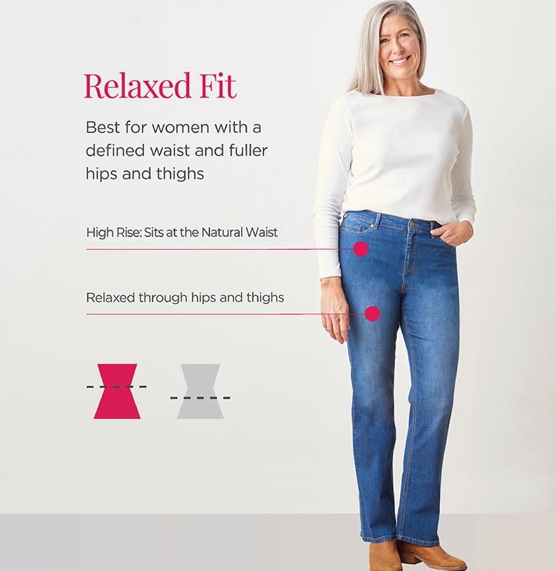Explore our relaxed fit jeans! Best for women with a defined waist and fuller hips and thighs. High Rise: Sits at the Natural Waist. Relaxed through hips and thighs.