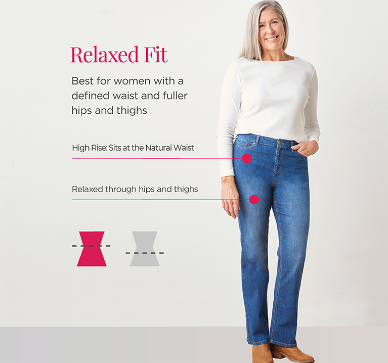 Explore our relaxed fit jeans! Best for women with a defined waist and fuller hips and thighs. High Rise: Sits at the Natural Waist. Relaxed through hips and thighs.