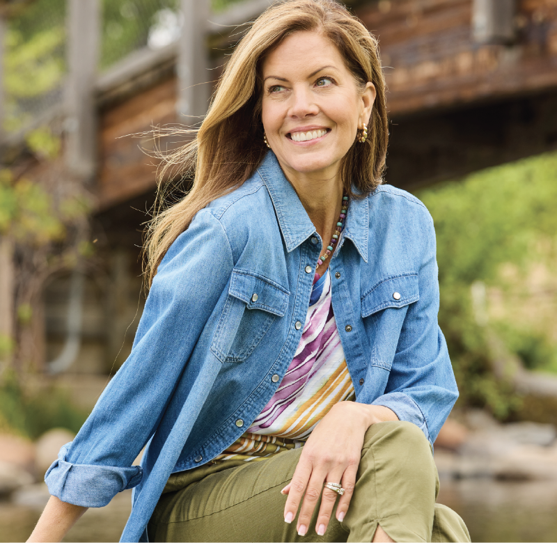 Explore our Semi Annual Sale! Featuring a chambray snap front shirt, multi embellished watercolor tee, and green drawstring waist ankle pant.