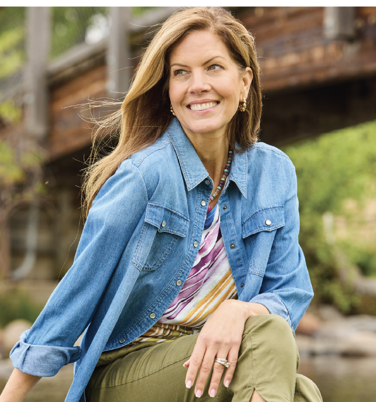 Explore our Semi Annual Sale! Featuring a chambray snap front shirt, multi embellished watercolor tee, and green drawstring waist ankle pant.