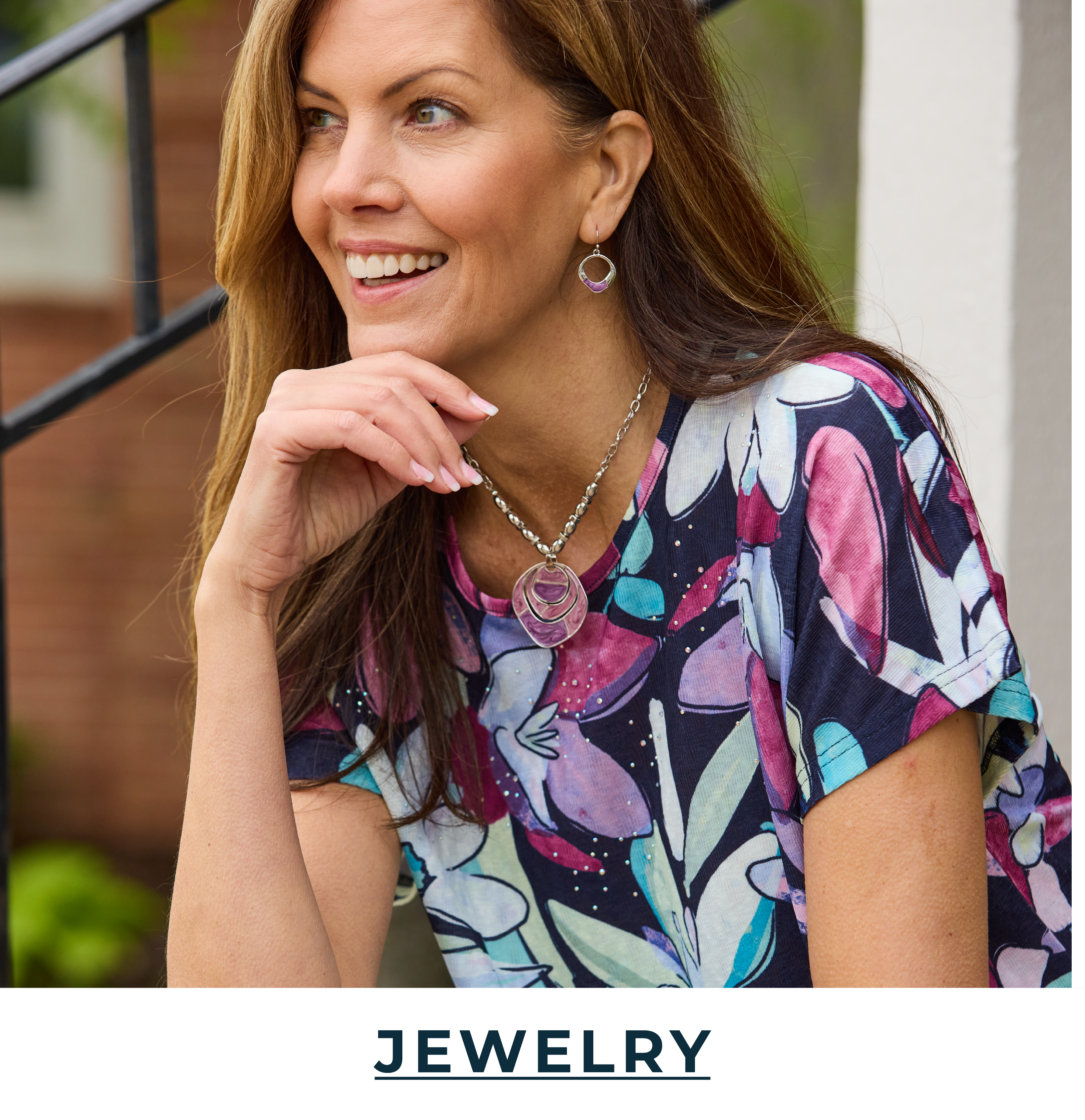 Explore our jewelry! Featuring a purple short pendant necklace.