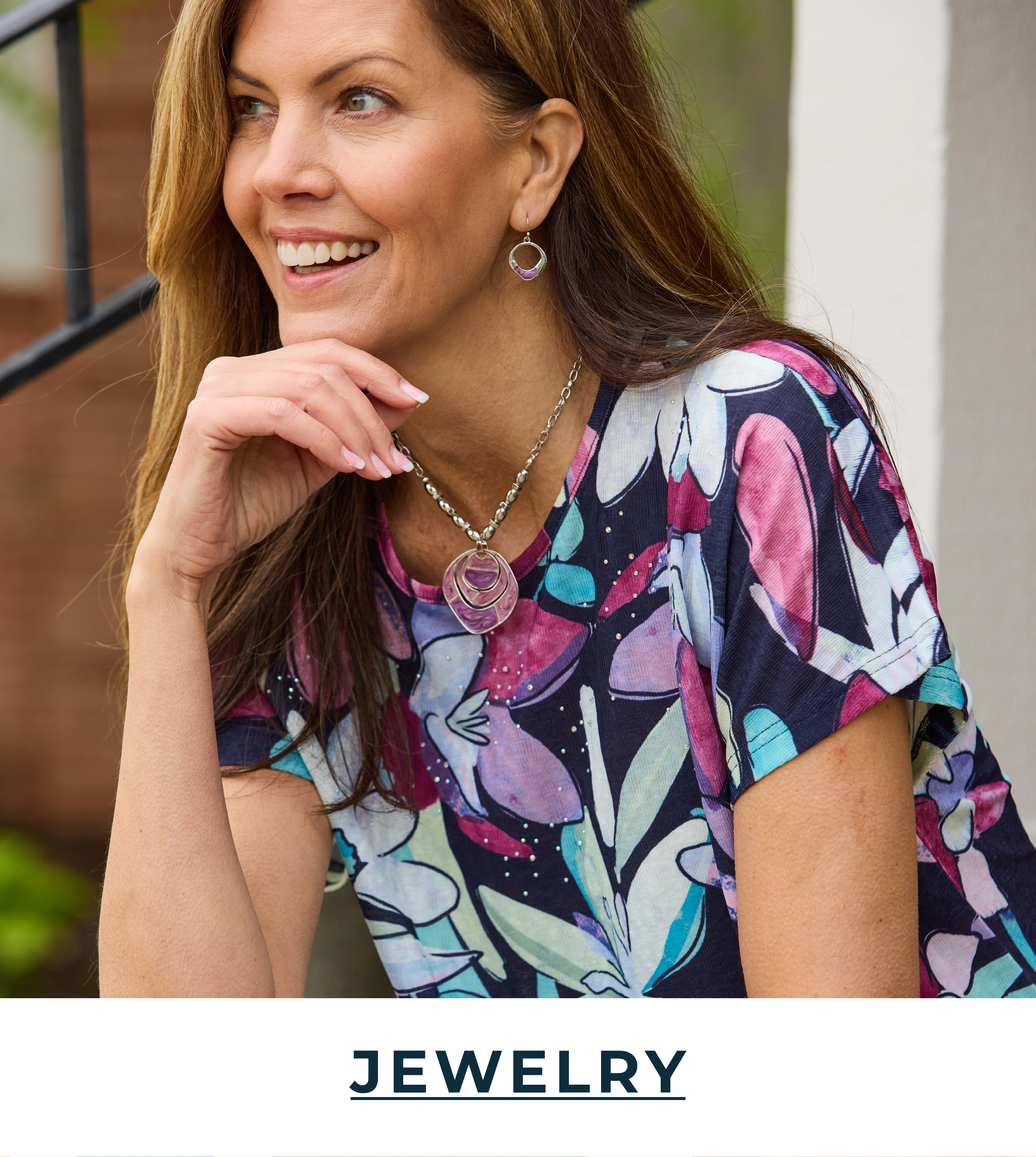 Explore our jewelry! Featuring a purple short pendant necklace.