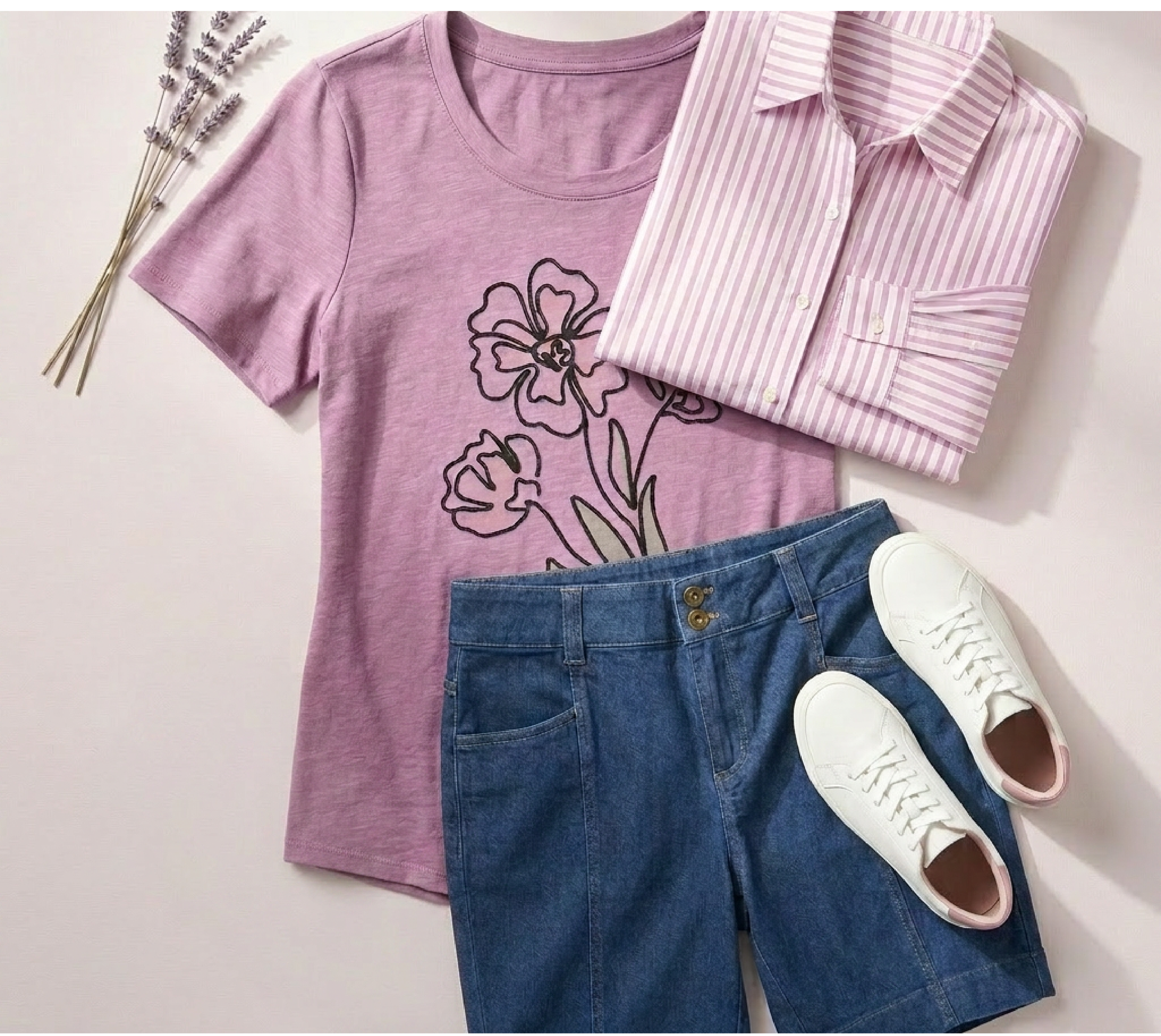 Explore our Styled For You collection! Featuring a purple outlined floral tee, purple textured stripe shirt, and lightweight denim short.