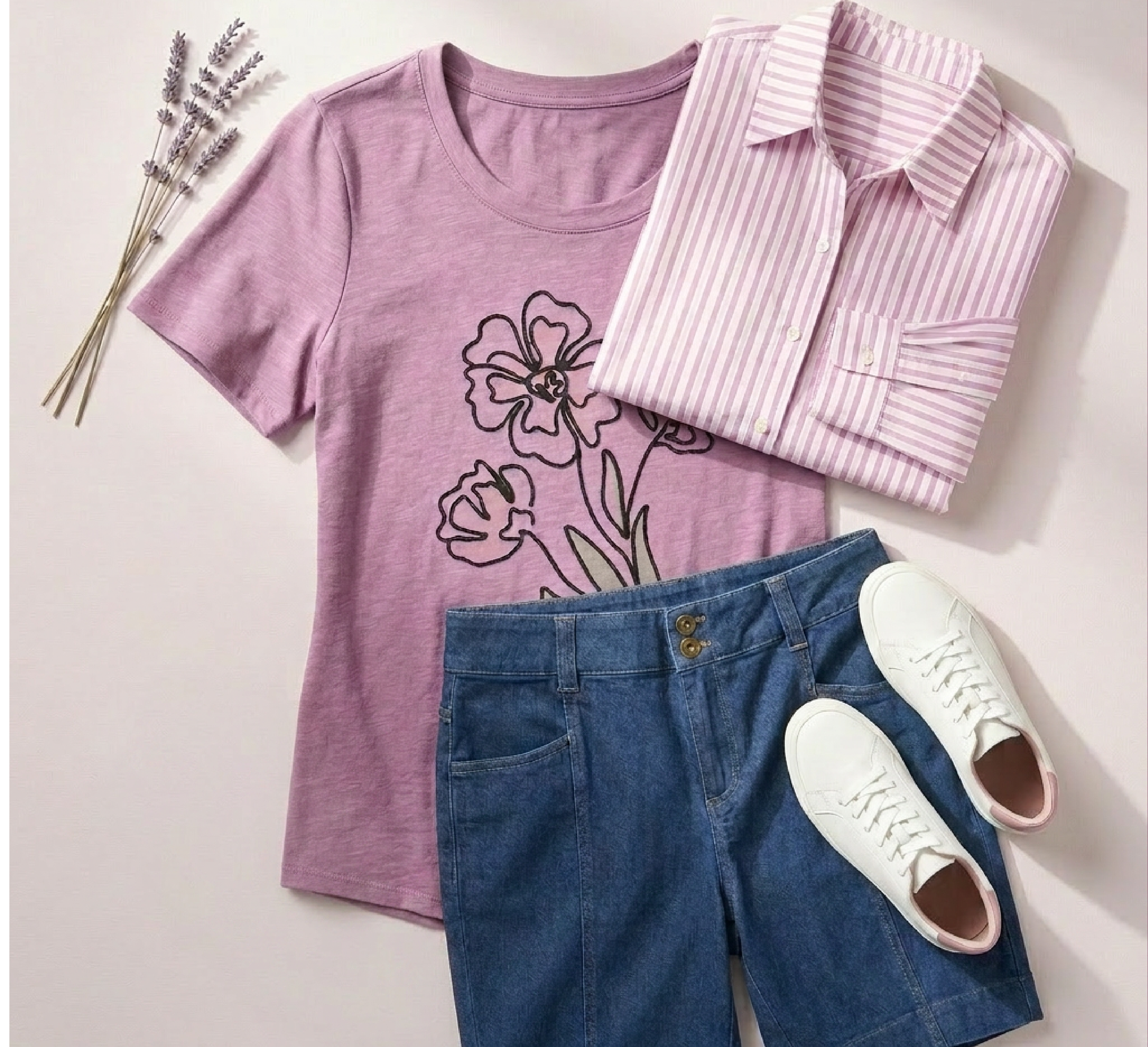 Explore our Styled For You collection! Featuring a purple outlined floral tee, purple textured stripe shirt, and lightweight denim short.