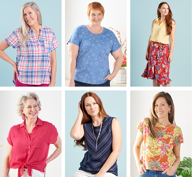 Limited Time! Online Only: The Summer BOGO Event: Select Summer Styles - Buy One, Get One FREE*exclusions apply. Featuring a violet plaid top, blue lattice back tee, yellow ruffle neck top, red floral print skirt, pink tie dolman sleeve shirt, blue chevron stripe sweater, and yellow tropical print tee!