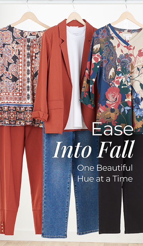 Ease Into Fall: One Beautiful Hue at a Time. Featuring a brown flutter sleeve top, brown relaxed fit blazer, and floral top!