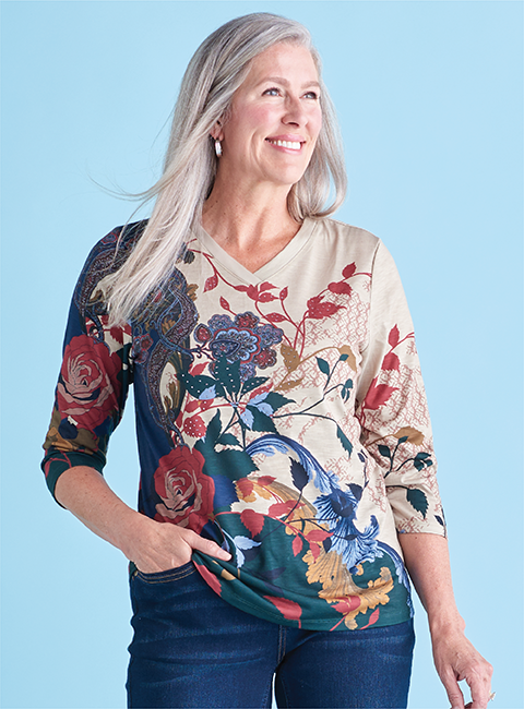 New & Now. Shop Petite New Arrivals! Featuring a floral top.