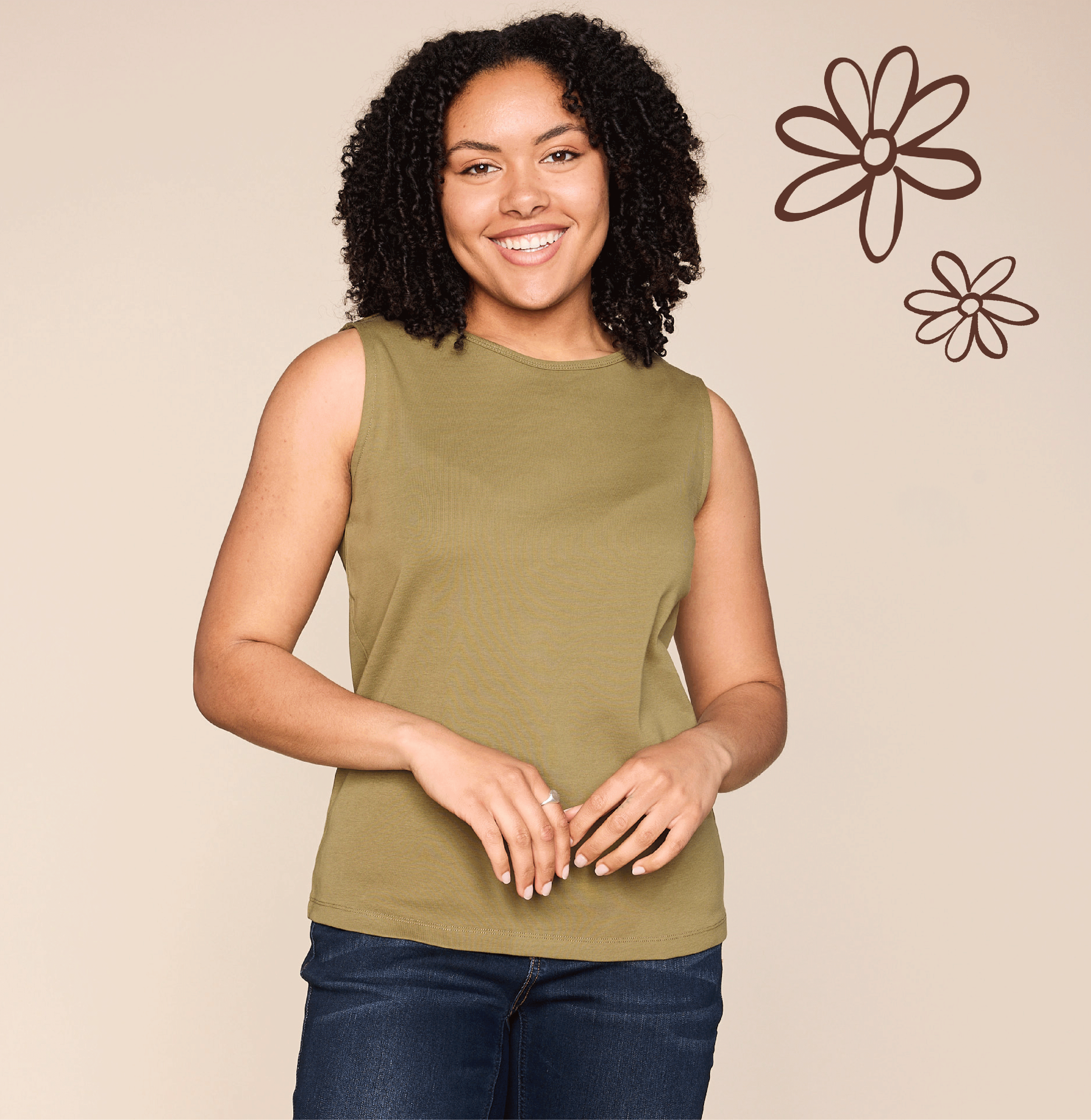 Explore our perfect tees! Featuring a green sleeveless satin trim tank, brown 3/4 sleeve tee, blue 3/4 sleeve tee, and red 3/4 sleeve tee.