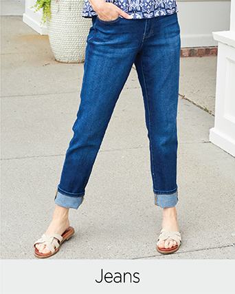 Explore our jeans! Featuring a blue jean.
