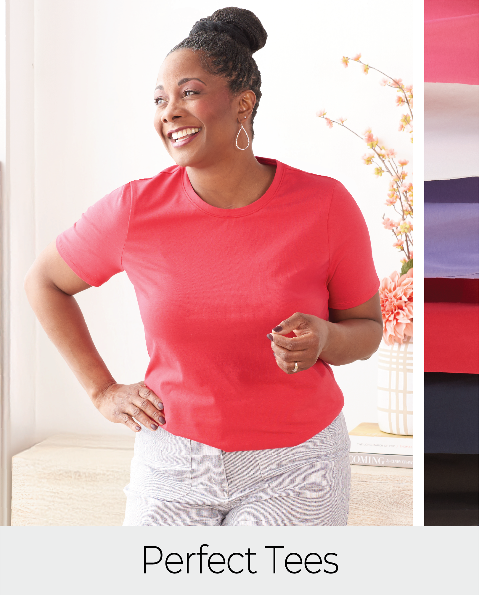 Explore our perfect tees! Featuring a red short sleeve tee.