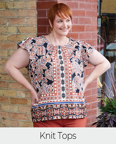 Explore our knit tops! Featuring a brown flutter sleeve top.