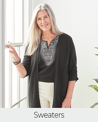 Explore our sweaters! Featuring a black cardigan.