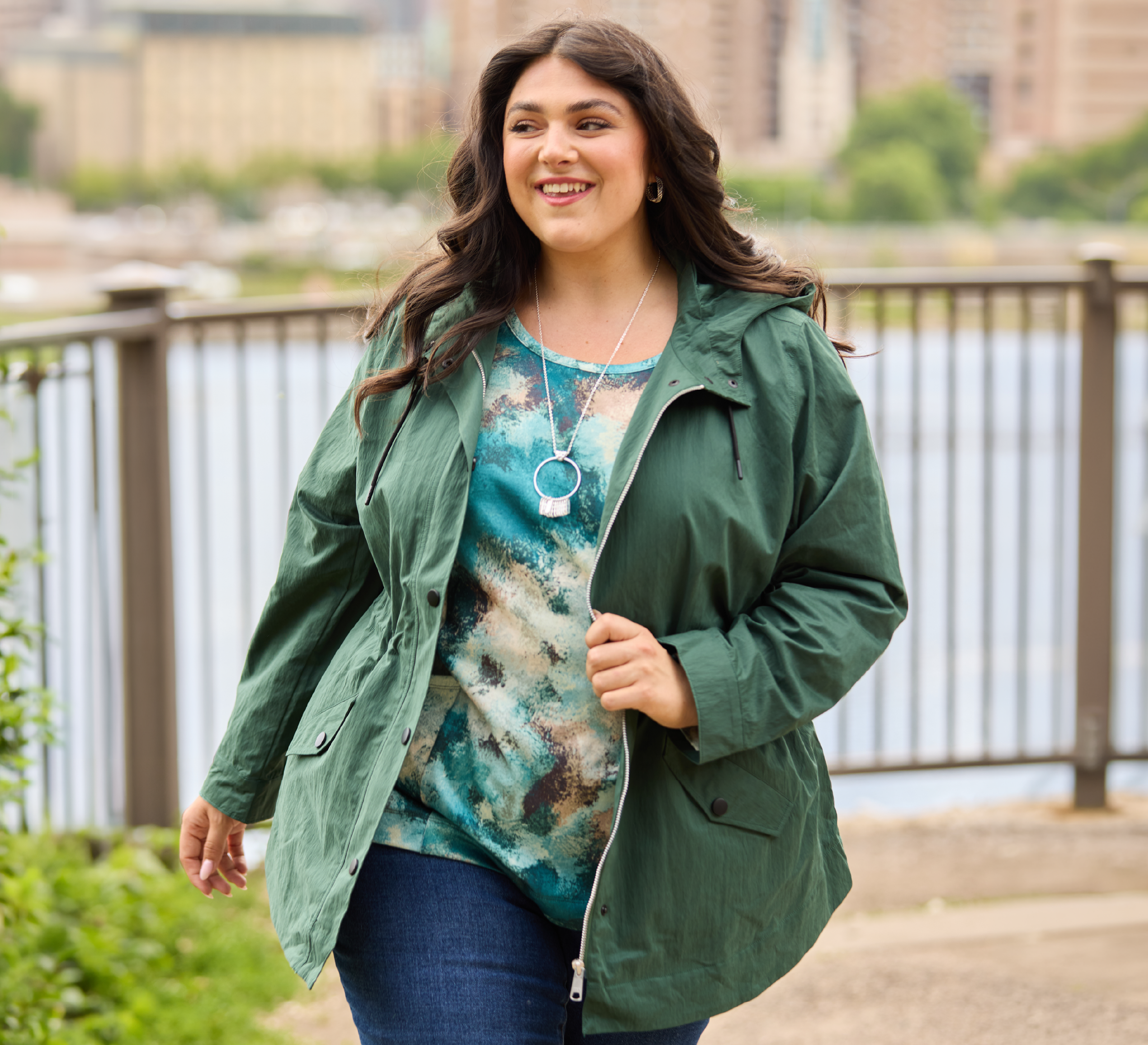 Explore our Relaxed Restyled collection! Featuring a blue abstract print tee and green hooded rain jacket.