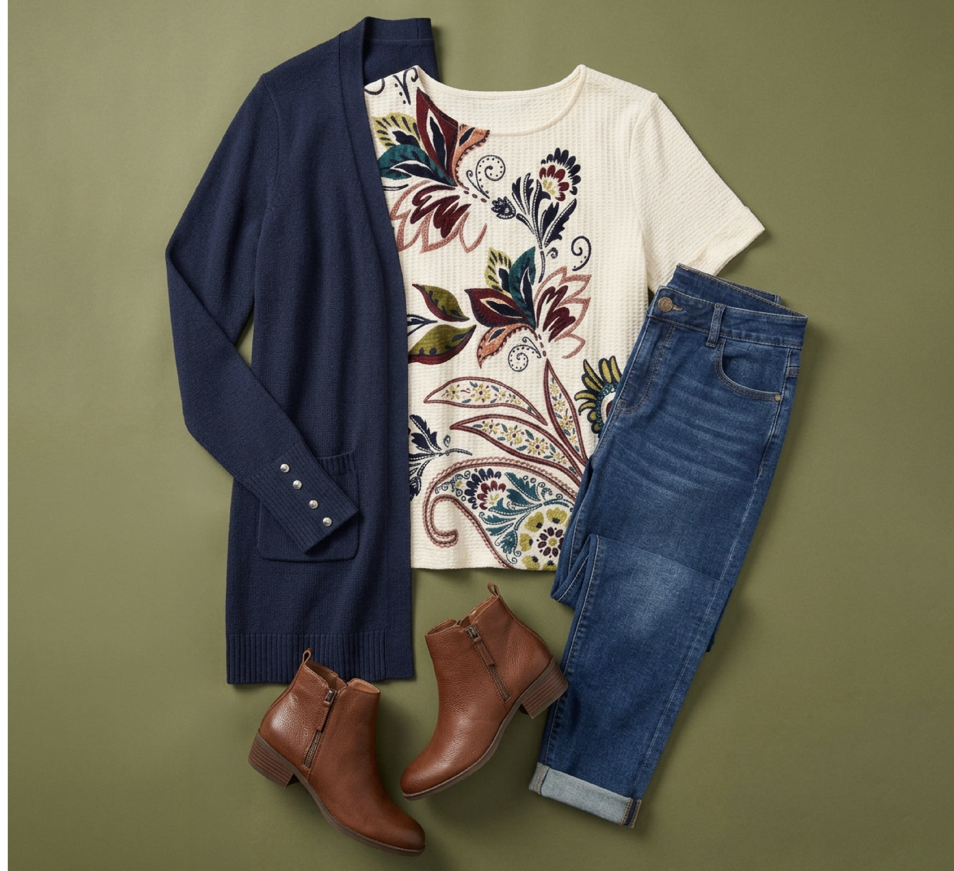 Explore our Styled For You collection! Featuring a navy button cuff cardigan, white paisley print textured tee, and weekender jean.