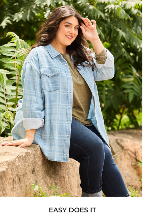 Explore our Easy Does It collection! Featuring a plaid denim shirt jacket.