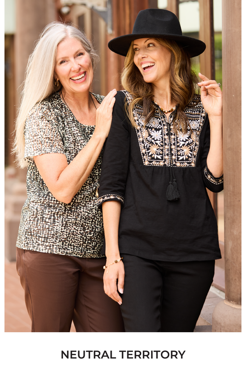 Explore our Neutral Territory collection! Featuring an abstract animal print top and black embroidered bib top.