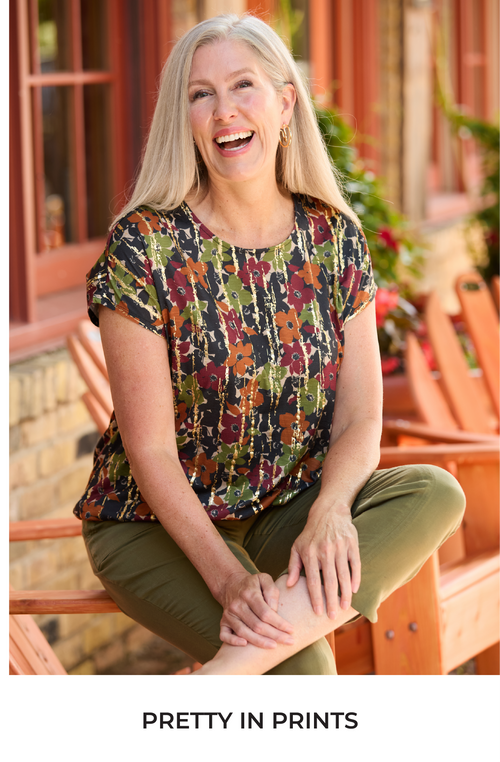Explore our Pretty in Prints collection! Featuring a foil floral print tee.