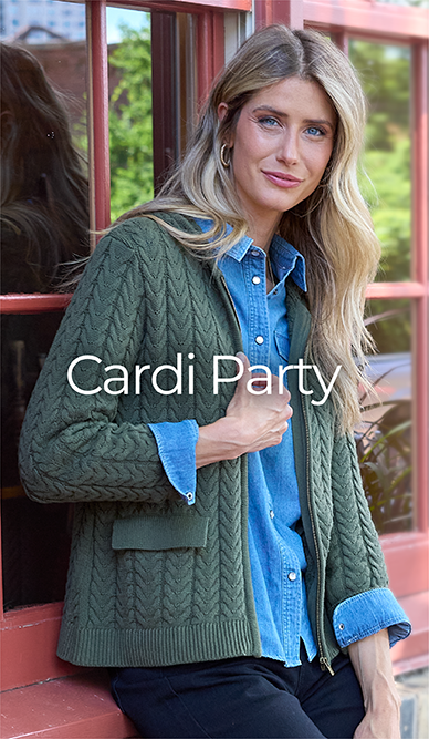 Explore our cardi party collection! Featuring a green cable knit hoodie.