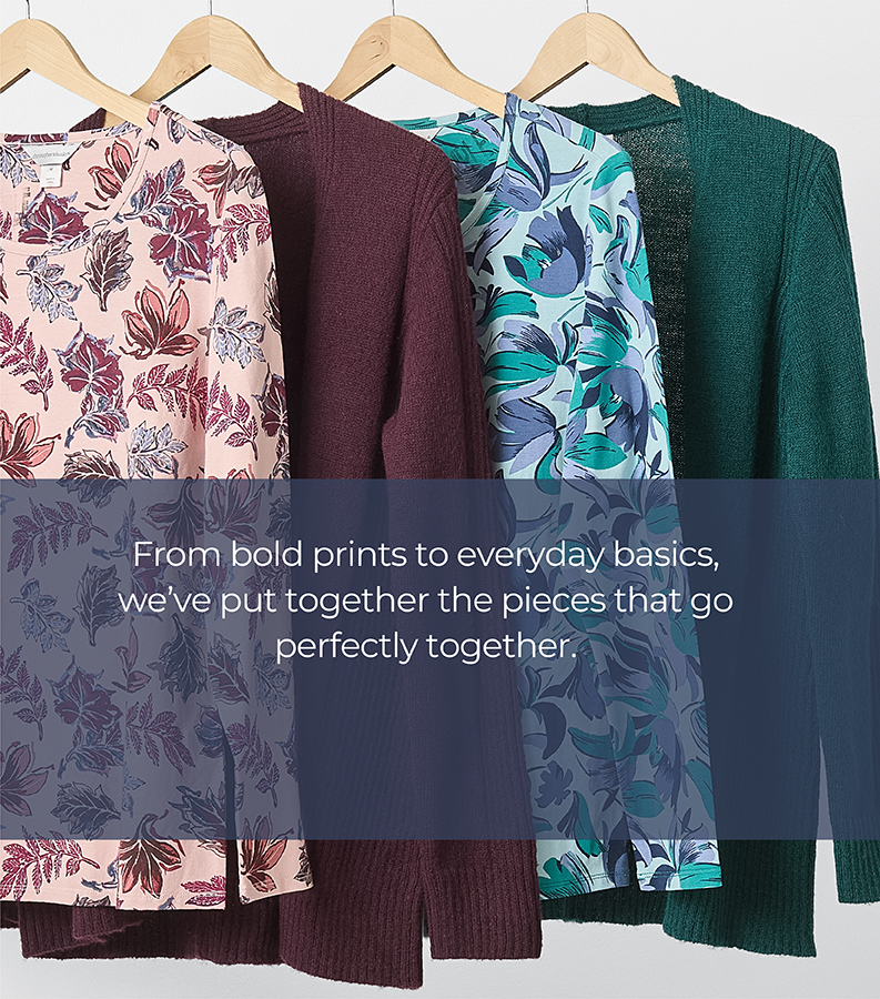 From bold prints to everyday basics, we've put together the pieces that go perfectly together. Featuring a burgundy printed tee, purple cardigan, blue printed tee, and green cardigan!
