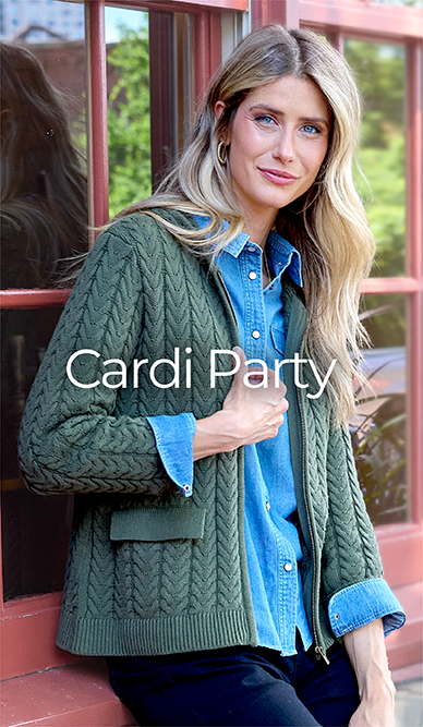 Explore our cardi party collection! Featuring a green cable knit hoodie.