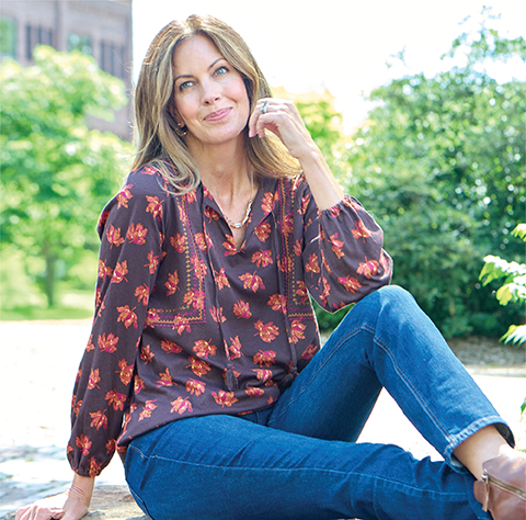 An Invitation to Fall. Featuring an orange embroidered tie neck top!
