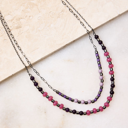 Double Layered Purple Multi Beaded Necklace