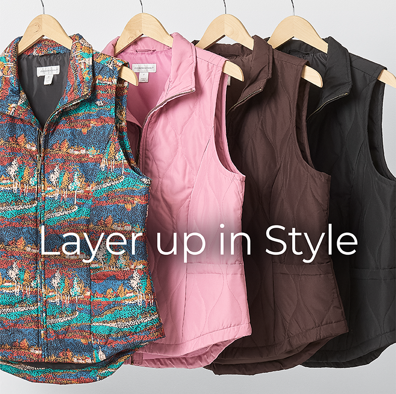 Explore our vests! Featuring an assortment of printed and solid quilted vests.