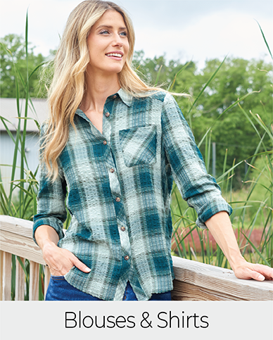 Explore our blouses and shirts! Featuring a green plaid shirt.